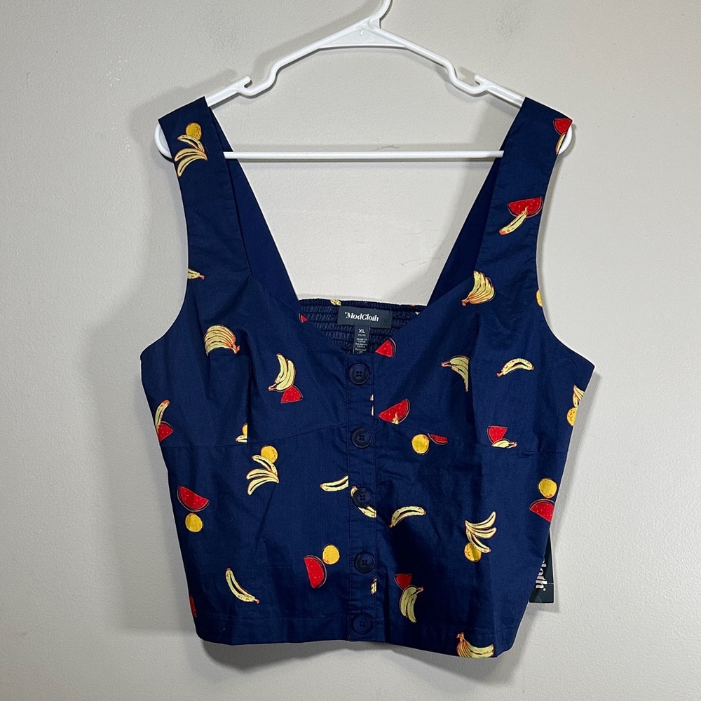 Modcloth Navy Blue Fruit Patterned Button Crop Top Tank XL